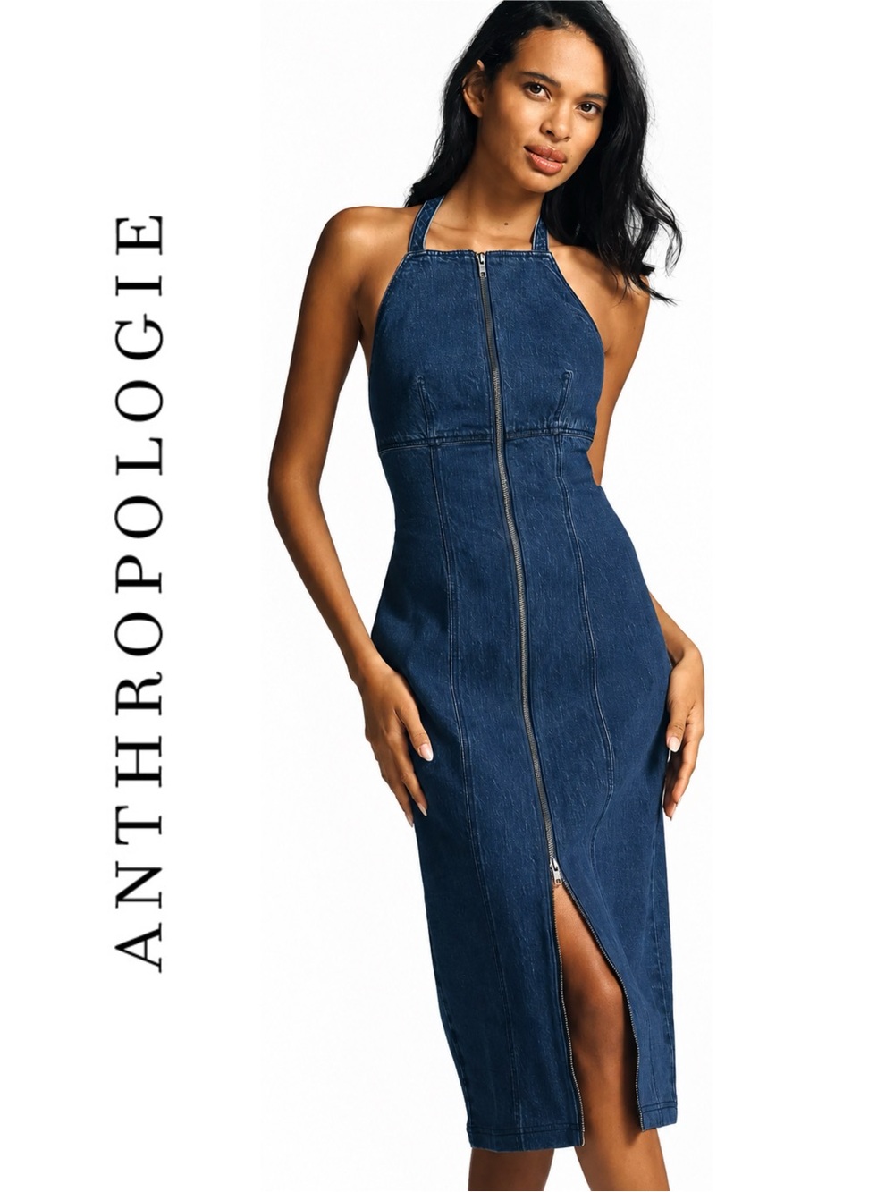 Anthropologie Pilcro Zip-Front Denim Halter Midi Dress